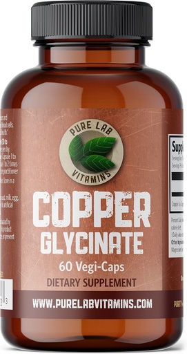 [BRSWGAAKAF7GECLV] Pure Lab Vitamins Copper Glycinate Mineral Supplement -1 mg - 60 Vegan Caps Essential for Collagen Production, Supports Immune System & Red Blood Cell Formation - Gluten Free Made in Canada