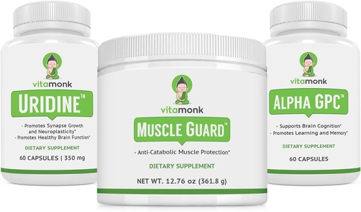 [BRSRAHAEAECWY335] VitaMonk Lihaskaitse & Alpha GPC Uridine Stack Bundle, HMB, EAAs, D-vitamiini, magneesiumi ja aju toetamine fookuse, selguse ja lihaste kasvu jaoks