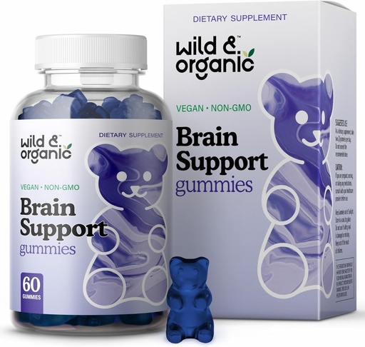 [BRSW2EAPOABB43QY] Wild & Organic Brain Support Gummies - Focus Supplement w/Ashwagandha Root, Vitamin B12, Ginkgo Biloba, Bacopa - Vegan Chews for Clarity & Productivity - 60 Brain Gummies