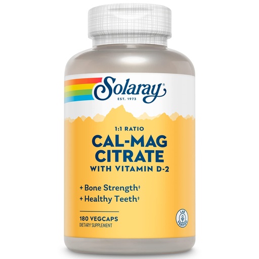 [BRSWIYQ6AQBGOYLK] SOLARAY Calcium Magnesium Citrate 1:1 Ratio w/Vitamin D 2 - Calcium Supplements for Women and Men - Calcium 1000mg, Magnesium 1000mg - Bone Health Support - 60-Day Guarantee, 30 Servings, 180 VegCaps
