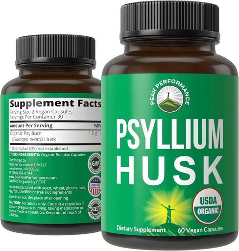 [BRSWYA36BMMWA2D3] USDA Organic Psyllium Husk Vegan Capsules Made with Organic Psyllium Husk Seed. Fiber Supplement for Gut. Digestive Prebiotics. Pills for Digestion, Roughage Without Bloating. Tablets