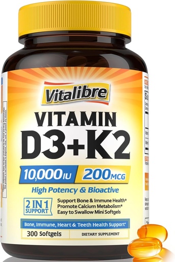 [BRSRAHDYBEMWCHIV] Vitamin D3 K2 Supplement, 10000 IU D3 / 200 mcg K2 MK7, Calcium Absorption, Bone, Heart, Immune & Mood Support, Enhanced Absorption, No Soy, Easy to Swallow, 300 Softgels