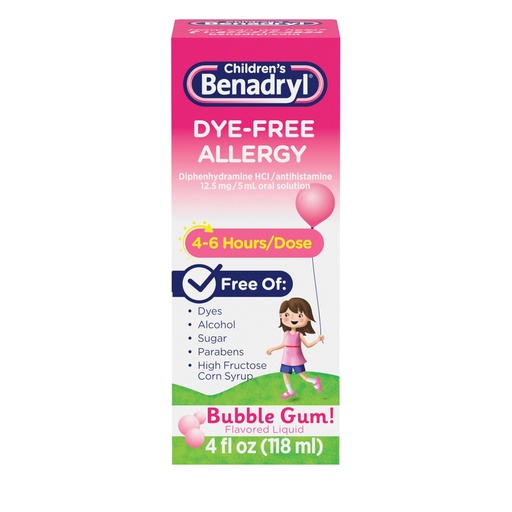 [BRSWIZQNAQDGODT6] Children's Benadryl Dye-Free Allergy Relief Liquid + 12.5 mg Diphenhydramine HCl, Antihistamine Allergy Medicine for Kids Helps Relieve Runny Nose & Sneezing, Bubble Gum Flavor, 4 fl. oz