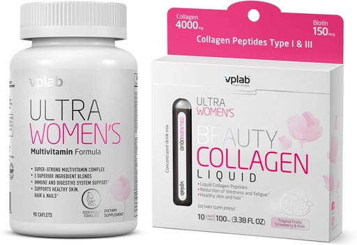 [BRSROHD4CAIQ2CQ6] VPLab Women's Beauty Bundle - Multivitamin Caplets & Liquid Collagen for Hair, Skin, Nails - Biotin, Iron, Vitamin B, D, C & Zinc - Essential Daily Health Support, 90 Caplets + 10 Tubes