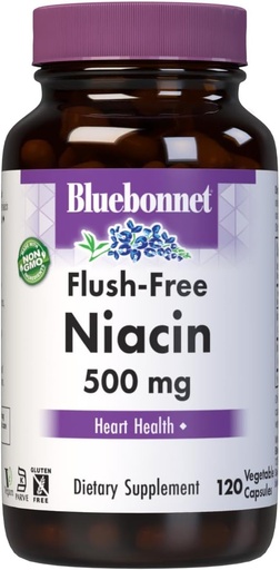 [BRSWIYT3PMDBE2YZ] BlueBonnet Nutrition Flush-Free Niacin 500mg, para cápsulas de apoio cardiovascular nutricional, Soy / Dairy / Gluten gratis, non-GMO, Kosher Certified, Vegan, White, 120 Count