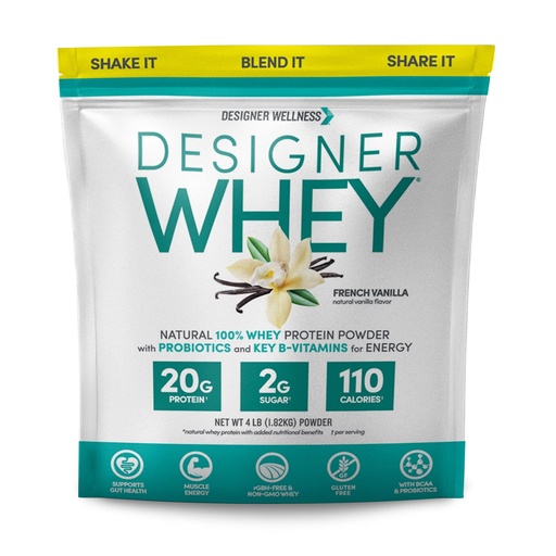 [BRSWIYYKAAOB2AIZ] Designer Wellness, Designer Whey, Natural Whey Protein Powder with Probiotics, Fiber, and Key B-Vitamins for Energy, Gluten-Free, French Vanilla, 4 lb