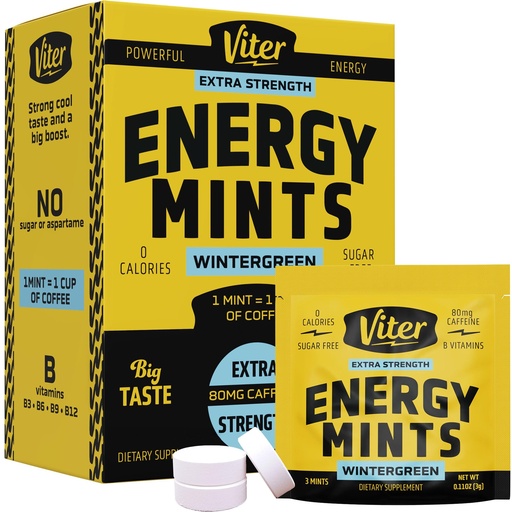 [BRSRAEI5DMBQYHLK] Viter Energy Caffeine Mints 80mg Extra Strength - 90 Pieces Caffeinated with B Vitamins. Sugar Free Vegan Breath Mint. Energize Nootropic Focus Booster for Fast Alertness (Wintergreen Flavor, 30 Pack)