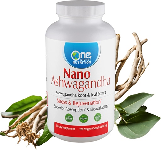 [BRSWYZDYDIHWAHT7] One Planet Nutrition Nano Ashwagandha Root & Leaf 500 mg Veggie Capsules (120 Servings), 10:1 Extract, Supports Hormone & Neurological Function for Stress Relief, Non-GMO, Vegan, Gluten-Free