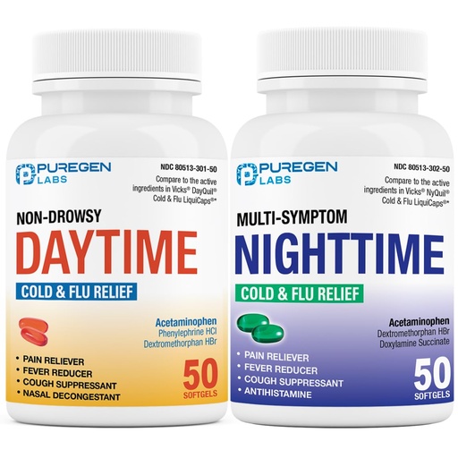 [BRSROAT7BN7GMA3J] Puregen Labs Daytime and Nighttime Combo Pack, Cold and Flu Relief Medicine | Powerful Multi-Symptom Daytime and Nighttime Relief for Headache, Fever, Sore Throat, Cough, Congestion and Aches