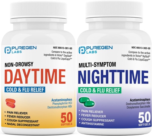 [BRSROAT7BN7GMA3J] Purgen Labs Daytime e Nighttime Combo Pack, Cold and Flu Relief Medicine | potente multi-Simptom Daytime and Nighttime Relief for Headache, Fever, Sore Throat, Cough, Congestion e Aches