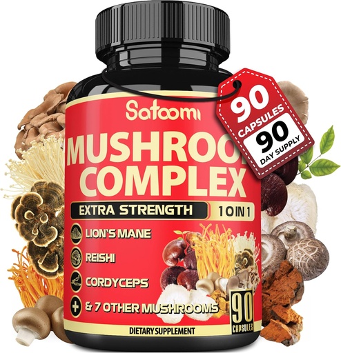 [BRSRAYIFCV5QAGY4] Satoomi 10in1 Mushroom Supplement Complex - Lions Mane, Cordyceps, Reishi, Chaga - Brain Supplements for Memory and Focus - 3 Month Supply