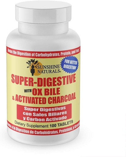 [BRSWIEAFOMAQCGY5] Sunshine Naturals Super Digestive Supplement. Ox Bile & Activated Charcoal for Digestive Support, Bloating Relief, Gut Cleanse, Nutrient Absorption, and Promotes Overall Wellness. 100 Tablets.