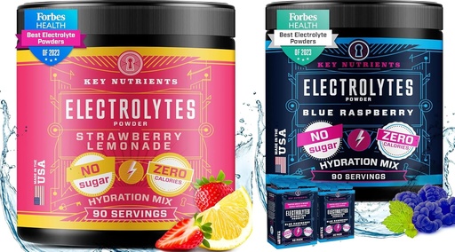[BRSRAGIQPINWYAA7] KEY NUTRIENTS Electrolytes Powder Ultimate Hydration & Wellness Bundle - Juicy Strawberry Lemonade & Sweet Blue Raspberry Electrolyte Powders - Zero Sugar, Keto-Friendly, 90 Servings Each
