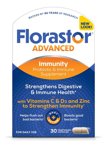 [BRSWEC32AEHAO3T7] Florastor Advanced Immunity Boost Daily Probiotic & Immune Support Supplement for Women and Men, Saccharomyces Boulardii CNCM I-745 Plus Zinc, Vitamin C & D3 (30 Capsules)