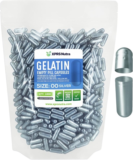 [BRSWYBQLPMIBGELG] XPRS Nutra Size 00 Empty Capsules - 1000 Count Empty Gelatin Capsules - Pill DIY Capsule Filling - Fillable Pills Gel Caps for DIY Supplements (Silver)