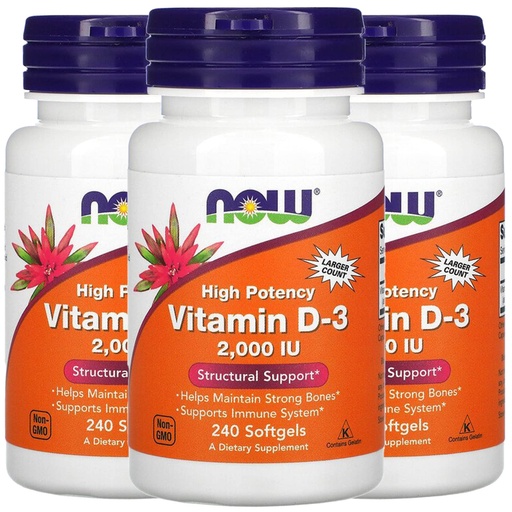[BRSWIZTYCYDWAHI5] NOW Foods Vitamin D-3, 50 mcg (2,000 IU), 240 Softgels, 3 Pack