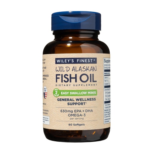 [BRSWI2Y2CJ4BO2LC] Wiley's Finest Wild Alaskan Fish Oil Easy Swallow Minis - Omega-3 Fish Oil Supplement for Adults and Kids - Double-Strength 630mg EPA and DHA Natural Supplement - 60 Mini Softgels (30 Servings)