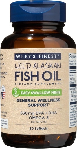 [BRSWI2Y2CJ4BO2LC] Wiley's Finest Wild Alaskan Fish Oil Easy Swallow Minis - Omega-3 Fish Oil Supplement for Adults and Kids - Double-Strength 630mg EPA and DHA Natural Supplement - 60 Mini Softgels (30 Servings)