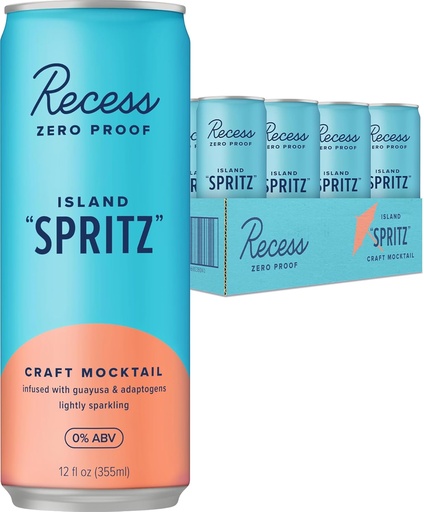 [BRSRAZIYCAOQ2F3B] Recess Zero Proof Craft Mocktails, Alcohol Free Drinks, with Adaptogens, Non-Alcoholic Beverage replacementment, Mixer, Celebration, Party, (Island Spritz, 12oz, Pack of 12)