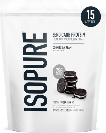 [BRSWIZYMOEPBUFTY] Isopure Zero Carb 100% Pure Whey Isolate אבקת חלבון, Lactose חינם, Gluten חינם, עם ויטמינים, קובצי Cookie & Cream, 25g חלבון Per לשרת, 1 Lb, 15 משרתים (Packaging May Vary)