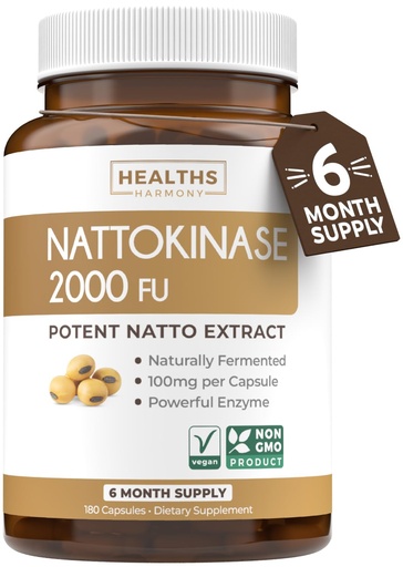 [BRSRA232CUDWG2D3] Healths Harmony Nattokinase 2000 FU (Non-GMO) Powerful Nattokinase Supplement Made from Naturally Fermented Soybeans - (6 Month Supply) 180 Vegan Natto Capsules