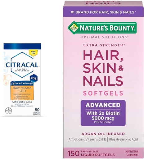 [BRSROBQCCAGQMHY2] CITRACAL Slow Release 1200, 1200 mg Calcium Citrate and Calcium Carbonate Blend & Nature's Bounty Advanced Hair, Skin & Nails