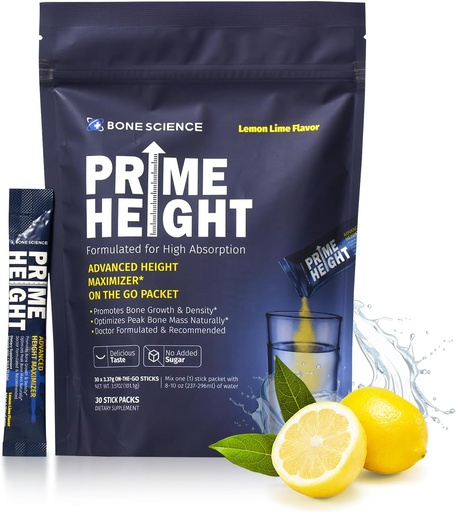 [BRSRAAQFDMFAO3T2] BONE SCIENCE - Prime Height Mutivitamin Powder - Height Development Drink Mix for Kids & Teens, Bone & Immune Support, Sugar-Free Lemon Lime Flavor, 30 Sticks
