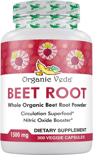 [BRSROAL7BEIBQ2TX] Organic Veda Beet Root Capsules 1500mg - 300 Beet Root Powder Capsules with High Strength Nitrates to Support Circulation, Nitric Oxide, Energy, Endurance & Stamina - Non-GMO & Gluten-Free