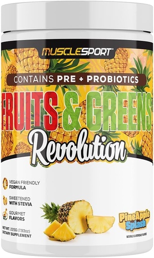 [BRSW2BA2B4PA2EIZ] Musclesport Fruits & Greens - Fruit, Vegetable and Antioxidant Supplement, including Wheat Grass and Spirulina, Añadido Fiber and Probiotics - 30 Servings (Pineapple Splash)