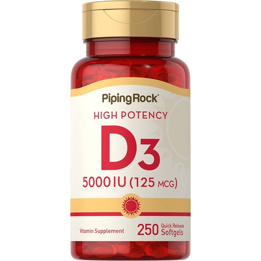 [BRSWIHQFB4NG2A3M] Piping Rock Vitamin D3 5000 IU | 250 Softgels | High Potency Supplement | Non-GMO, Gluten Free