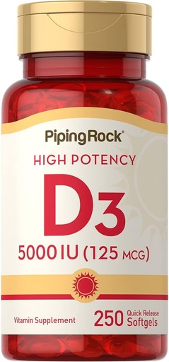 [BRSWIHQFB4NG2A3M] Piping Rock Vitamin D3 5000 IU | 250 Softgels | Suplemento de alta potencia | Non-GMO, Gluten Free