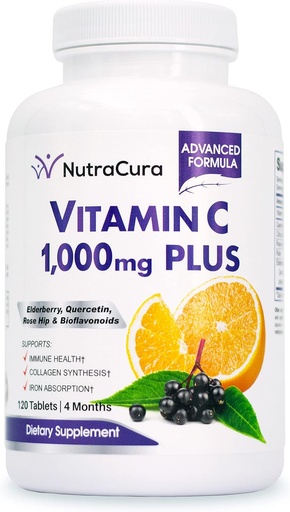 [BRSRMCYNDICRYHY6] Immunity Vitamin C 1000mg with Elderberry, Quercetin, Bioflavonoids, Rose Hips, Rutin - 4 Months Supply, 120 Tablets - Immune System Support