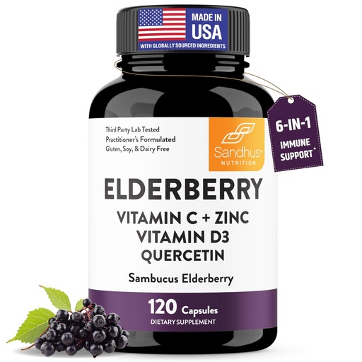 [BRSRAFITAECBYGTU] Elderberry Vitamin C and Zinc Capsules with D3 and Quercetin | 6-in-1 Immune Support Supplement Pills for Adults | 120 Count Sambucus Black Elderberry Natural Immunity Vitamins | Made in USA