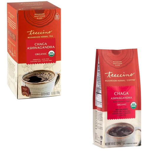 [BRSRAGLQCQNWMHQY] Teeccino Chaga Ashwagandha Tea & Chaga Ashwagandha Coffee Alternative Bundled Collection, Butterscotch Cream, Caffeine Free & Acid Free, Adaptogenic Herbal Mushroom Coffee