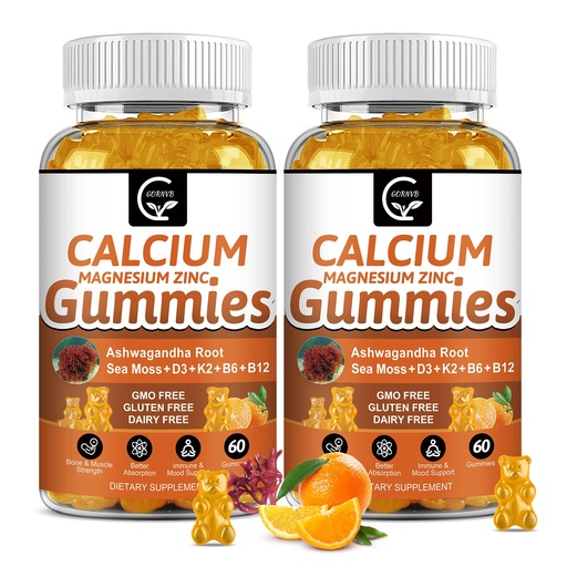 [BRSRAGIDBV7GG237] 1200mg Calcium Gummies with Vitamin D3,K2,B12 & B6 - Plant Complex Calcium Magnesium Supplement with Glycinate,Potassium,Sea Moss,Ashwagandha Root for Bone & Teeth Strength, Muscle & Immune-2 Pack