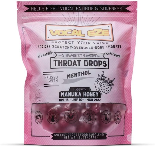 [BRSWYYYZOAHAIELJ] Vocal Eze Manuka Honey Strawberry UMF 10+ (MGO 265+) Menthol Cough Drops (120) | Lozenges for Sore, Hoarse, Fatigue, Dryness of Throat | Voice Support, All Natural and Organic Ingredients