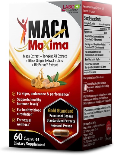[BRSW2GQ5AF6WCG3P] LABO Beslenme MacaMaxima Peruvian Maca Root, Tongkat Ali, Black Ginger, çinko ve Black Pepper Extract Supplement for Men and Women, Supports Reproductive Health, Energy, Stamina- Non-GMO, Vegan Pills