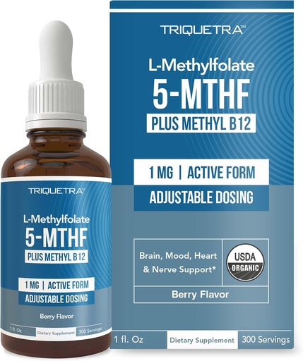 [BRSRM2T2CB6QEFL4] Organischer Folat 1000 mcg + Methyl B12 Cofactor (300 Servierungen) – Metabolisch aktive 5-MTHF-Form, Bio Berry Flavor, flüssige Sublingual Form – Stimmung, Kognition, Methylierung, Schwangerschaft (1oz)