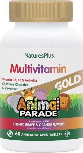 [BRSWIZ34OAMW2FY5] Natures Plus Animal Parade Fuente de Vida Gold Children's Chewable Multivitamin - Cereza surtida, Orange &amp; Grape Flavors - 60 Chewable Tablets - Vegetariano, Gluten-Free - 30 Servimientos