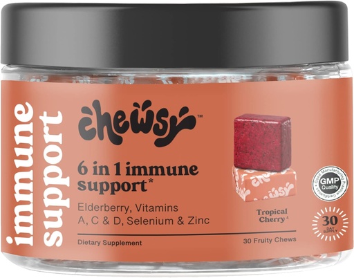 [BRSW2ZIKDIPAACYZ] Chewsy 6-in-1 Immune Support Supplement Fruity Chews with Elderberry, Vitamina C, A &amp; D, Zinc &amp; Selenium - 30-Day Supply, Individualmente Wrapped Immunity Vitamins Chews for Adults and Kids (1)