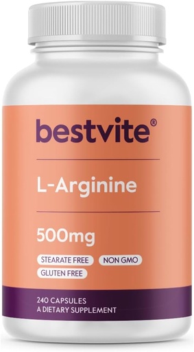 [BRSWIZIOO55GECLC] BESTVITE L-Arginine 500mg (240 Capsules) - No Magnesium Stearate - No Silicon Dioxide - No Fillers - Non GMO - Gluten Free