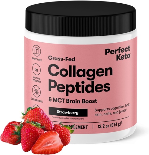 [BRSWYBA6DEMQEG3H] Tökéletes Keto Collagen Peptides fehérje por MCT olaj, hidrolizált Collagen, I-es és III-as típusú kiegészítés, Gluten ingyenes fű Fed, Alacsony szénhidrát, Keto kávé Creamer, Collagen a nők és férfiak, Strawberry