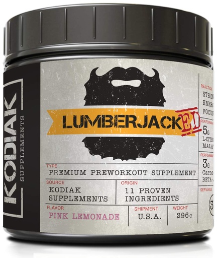 [BRSWKGAEPMHAIED4] LUMBERJACKED Pre Workout Powder with Beta Alanine CarnoSyn, L-Citrulline, L-Tyrosine, L, Theanine, Caffeine, Green Tea, Yerba Matte for No Crash, Focus Without the Jitters - Pink Lemonade 30 Servings