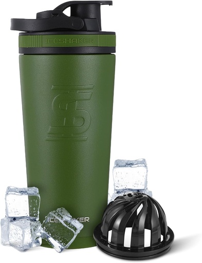 [BRSWGHYFDEBR4CLG] Ice Shaker Insulated Stainless Steel Shaker Bottle | 26oz, Green | Cold for 30+ Hours | Insulated Cup with Twist-on Agitator | Odor-Free Bottle for Protein Shakes, Water, Smoothies, Cocktails