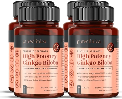 [BRSWIFI4AYABU2Y7] pureclinica High Potency Ginkgo Biloba 30,000mg x 360 Tablets (4 Bottles of 90) - 12 Months Supply - 5 Times The Strength of Competitor Products