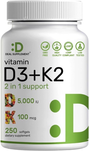 [BRSWGCQ6A4FBMH3P] DEAL SUPPLAMENT Vitamin D3 5 000 IU + K2 MK7 Softgels, 250 Počet 124; 2- in-1 Komplexní 124; Podporuje srdce, kosti, zuby & imunitní zdraví *
