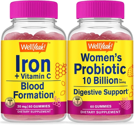 [BRSRMBIFAAGW2HLX] WellYeah Iron + Vitamin C + Probiotika Kvinnor 10B CFU, Gummies Bundle - Stor smak, vitamintillskott, Gluten Free, GMO Free, Chewable Gummy