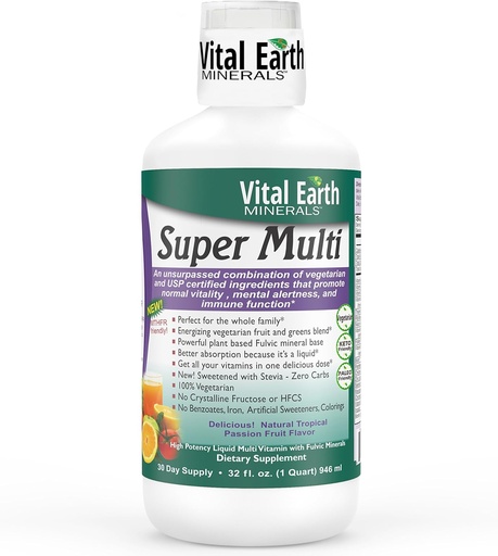 [BRSWIYYLAEDWCFDO] Vital Earth Minerals Super Multi - Qadınlar üçün maye Multivitamins, Kişi və Uşaqlar, Daha yaxşı Absoreksiya üçün Fulvic Acid ilə maye Vitaminlər, MTHFR Support, 32 Oz + 1 Oz Cup