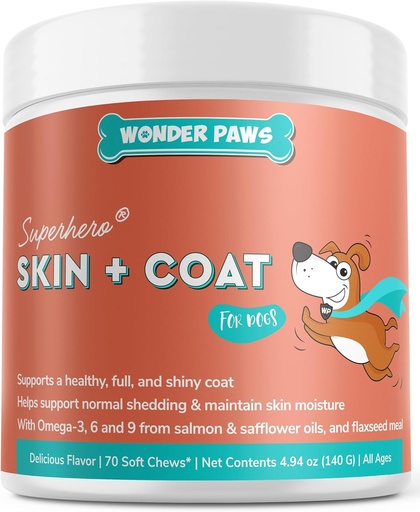 [BRSWYAL6B4FR4ELX] Wonder Paws Skin & Coat Supplement for Dogs with Salmon Oil, Omega 3 & 6, EPA & DHA, Promotes Healthy Skin and Coat, Itchy Relief, Joint and Overall Health, Delicious Flavor, 70 skin & coat Soft Chews