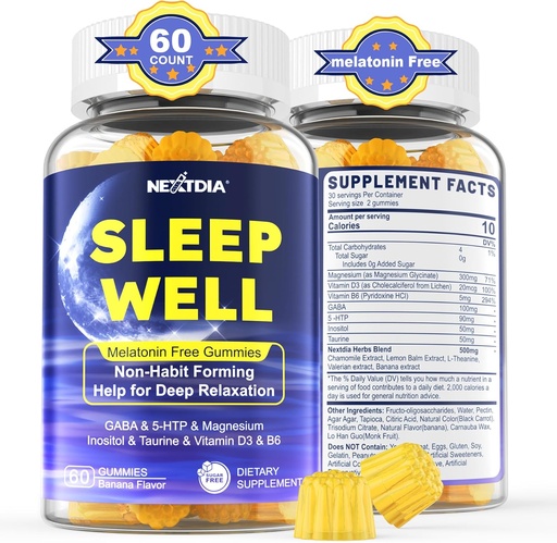 [BRSRA2QLOUNAI3TV] Melatonin Free Sleep Gummies, con Magnesium Glycinate, GABA, 5-HTP, L-Theanine, Valerian, Chamomile, Lemon Balm, Vitamina D3 &amp; B6 - Hormones &amp; Drug- Free, Non-Habit Forming,Sugar Free